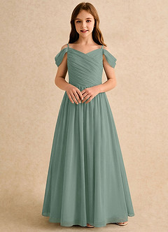 Azazie Chelo Girls Formal Abiti da Ragazza di Fiori Abito A-Line in Chiffon Plissettato Salvia Argentata image4