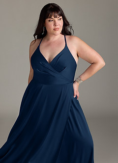 Azazie Davis Bridesmaid Dresses Dark Navy A-Line Pleated Stretch Satin Dress image11