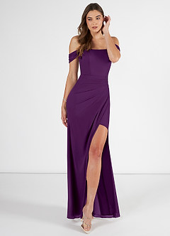 Azazie Kit Bridesmaid Dresses Grape Mermaid Off the Shoulder Mesh Dress image1