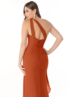 Azazie Maive Vestidos de damas de honor Vestido de Naranja Quemada de Gasa de Corte Recto con Volante plisado image6