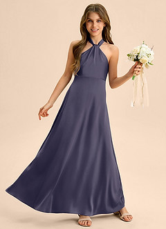 Azazie Beah Junior Robe Trapèze en Satin extensible Plissée Bleu Orageux image5