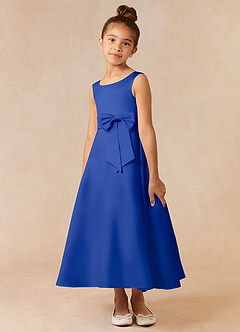 Azazie Lindy vestidos de niña de las flores Vestido de Azul Real de Satin Mate de Corte En A con Plisado image3