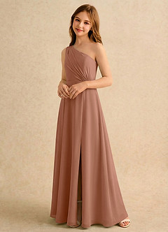 Azazie Puddles Girls Formal Robe Demoiselle D'honneur Fillette Robe Trapèze en Mousseline de soie Une épaule Bronze image4