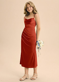 Azazie Mai Junior Osłona Pofałdowany Satyna elastyczna Długość herbaty Młodsza druhna Sukienka image1