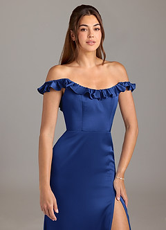 Azazie Callie Vestidos de damas de honor Vestido de Azul Real de Satén Elástico de Corte en A Convertible con Volante image8