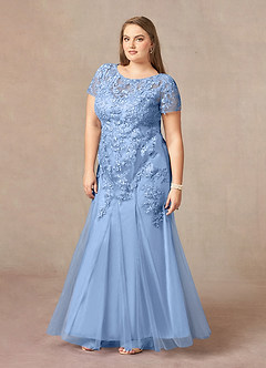 Azazie Laurie vestidos de madre de la novia Vestido de Azul Acero de Tul de Sirena con Scoop Lentejuelas image9