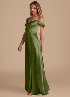 Azazie Ocean Brautjungfernkleider A-Linie Schulterfrei Metallischer Satin Kleid Olivgrün image4