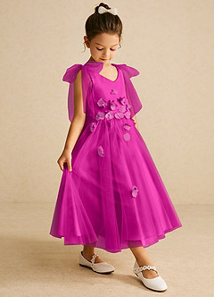 Azazie Minia Flower Girl Dresses Fuchsia A-Line Bow Matte Satin Dress image3