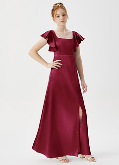 Azazie Bondi Junior Burgundy A-Line Side Slit Metallic Satin Dress image3