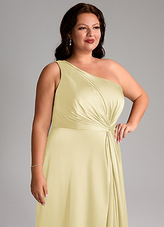 Azazie Brooke Vestidos de madrinha de casamento Vestido Sorvete De Limão de Cetim elástico de Linha A com Um ombro image13