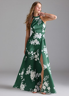 Azazie Clarice Abiti da Damigella Abito A-Line in Raso Elasticizzato Collo Alto Green Botanicals image4