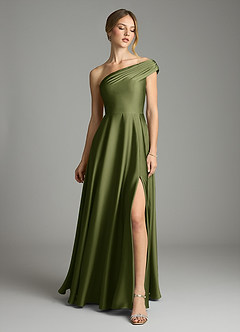 Azazie Melanie Bridesmaid Dresses Olive A-Line Off the Shoulder Stretch Satin Dress image3