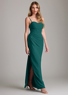 Azazie Mai Vestidos de damas de honor Vestido de Pavo Real de Gasa de Corte Recto con Plisado image3