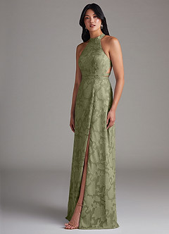 Azazie Clarice Bridesmaid Dresses Pistachio A-Line Side Slit Floral Burnout Dress image3