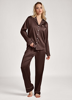 Conjunto de pijama de manga comprida com acabamento em cetim lurex