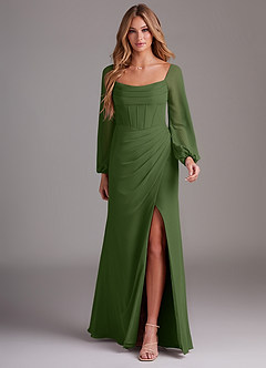 Azazie Charissa Bridesmaid Dresses Olive Sheath Long Sleeve Chiffon Dress image3