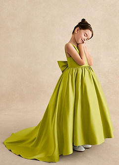 Azazie Mimia Flower Girl Dresses Lemongrass A-Line Bow Matte Satin Dress image4
