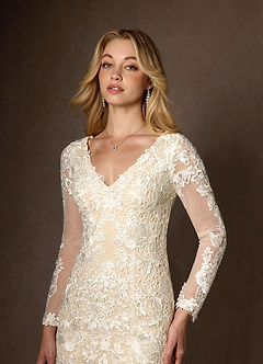 Azazie Dulce Amor Vestidos de novia Vestido de Blanco Diamante Champán de Tul de Corte Sirena con Encaje Cuello V image4