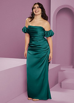 Barbie ♥ Azazie Robes de demoiselle d'honneur Robe Fourreau Convertible en Satin extensible Épaule décolletée Paon image14
