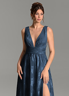 Azazie Vanessa At-home Try On Dresses Dark Navy A-Line Pleated Floral Jacquard Burnout Dress image5