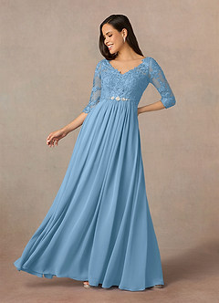 Azazie Hayek vestidos de madre de la novia Vestido de Azul Acero de Gasa de Corte En A con Cuello en V de encaje image1