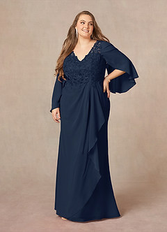 Azazie Perry vestidos de madre de la novia Vestido de Azul Marino Oscuro de Gasa de Sirena con Encaje cuello pico image9