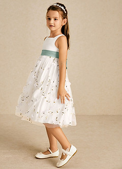 Azazie Pollie Flower Girl Dresses Ivory Silver Sage A-Line Bow Tulle Dress image5