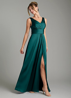 Azazie Karina Bridesmaid Dresses Peacock A-Line Pleated Stretch Satin Dress image4