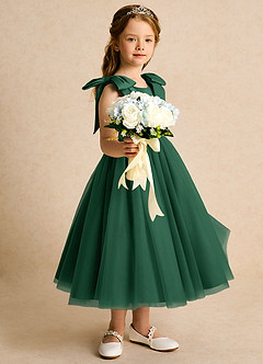 Azazie Serene Abiti da Ragazza di Fiori Abito Principessa in Raso Opaco Fiocco Verde Scuro image5