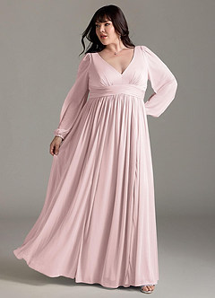 Azazie Norah Bridesmaid Dresses Blushing Pink A-Line V-Neck Long Sleeve Chiffon Dress image8