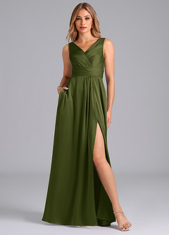 Azazie Karina Bridesmaid Dresses Bright Olive A-Line Pleated Stretch Satin Dress image1