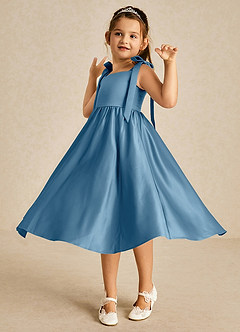 Azazie Chelsie vestidos de niña de las flores Vestido de Azul Acero de Satin Mate de Corte En A con Lazo image3