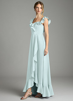 Azazie Lyra Bridesmaid Dresses Sea Glass A-Line Off the Shoulder Stretch Satin Convertible Dress image4