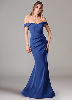 Azazie Everly Bridesmaid Dresses Royal Blue Mermaid Off the Shoulder Stretch Satin Convertible Dress image1