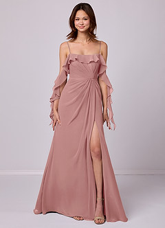Barbie ♥ Azazie Robes de demoiselle d'honneur Robe Trapèze Convertible en Mousseline de soie Épaule décolletée Rose Poussiéreuse image6