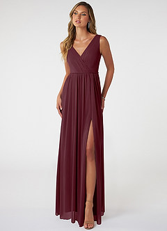 Azazie Tanicia Bridesmaid Dresses Cabernet A-Line V-Neck Pleated Mesh Dress image1