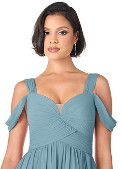 Azazie Lianne Robes de demoiselle d'honneur Robe Trapèze en Mousseline de soie Épaule décolletée Bleu Maussade image5