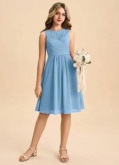 Azazie Skyla Junior Jurk van Chiffon met A-Lijn Geplooid Staal Blauw image1