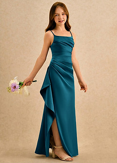 Azazie Cannoli Girls Formal Flower Girl Dresses Ink Blue A-Line Pleated Matte Satin Dress image1
