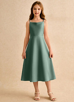 Azazie Jaella Girls Formal Flower Girl Dresses Eucalyptus A-Line Pleated Matte Satin Dress image3