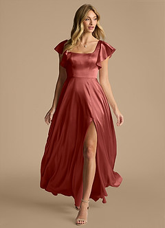 Azazie Bondi Bridesmaid Dresses Terracotta A-Line Bow Metallic Satin Dress image6