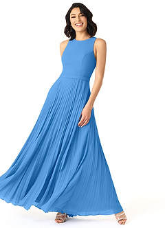 Azazie Lindie Bridesmaid Dresses Blue Jay A-Line Scoop Pleated Chiffon Dress image3