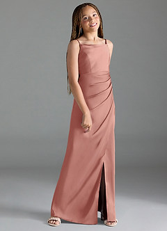 Azazie Leonis Junior Rosette A-Line Pleated Stretch Satin Dress image3