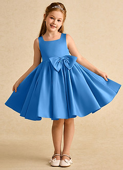 Azazie Jessie Blumenmädchenkleider A-Linie Schleifen Matte Satin Kleid Blauhäher image2