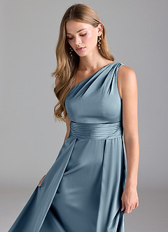 Azazie Dallas Jurken voor bruidsmeisjes Jurk van Stretch Satijn met A-Lijn One-Shoulder Stoffig Blauw image6