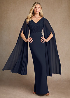 Azazie Ellsworth Mother of the Bride Dresses Dark Navy Column Pleated Stretch Crepe Dress image2