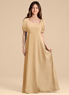 Azazie Briar Junior Vestido de Oro de Satén Elástico de Corte en A con Lazo image4