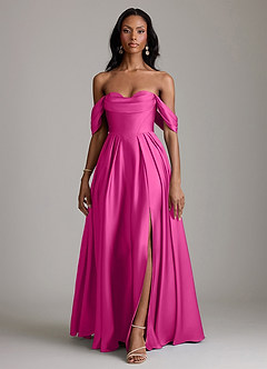 Azazie Loisa Abiti da Damigella Abito A-Line in Raso Elasticizzato a Spalla Scoperta Fucsia image7