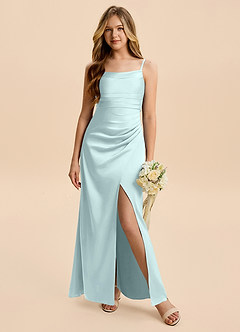 Azazie Minnie Junior Sea Glass A-Line Ruched Stretch Satin Dress image4
