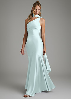 Azazie Amara Bridesmaid Dresses Sea Glass Mermaid One Shoulder Stretch Satin Dress image5
